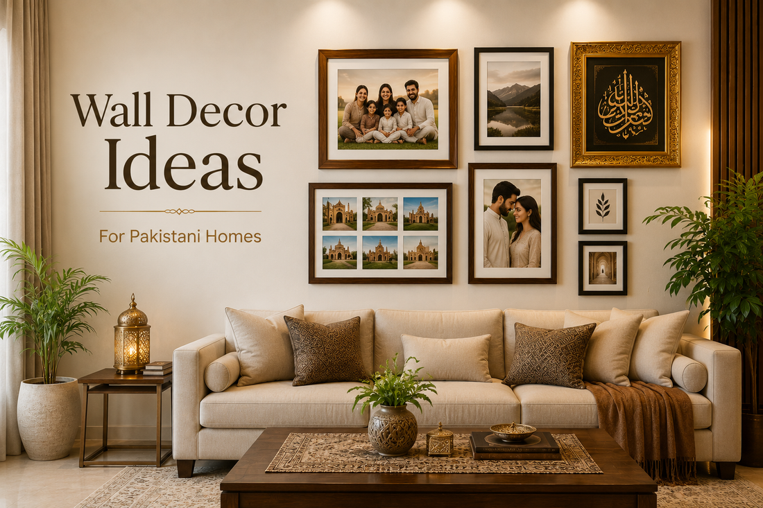 Wall decor ideas with photo frames for Pakistani homes