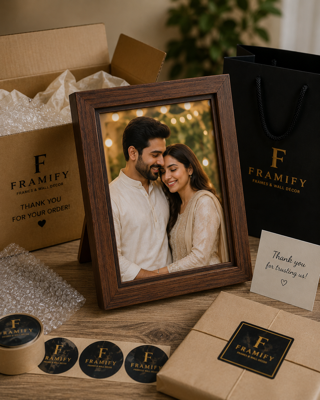 "Personalized photo frame featuring an elderly couple with safe delivery packaging"