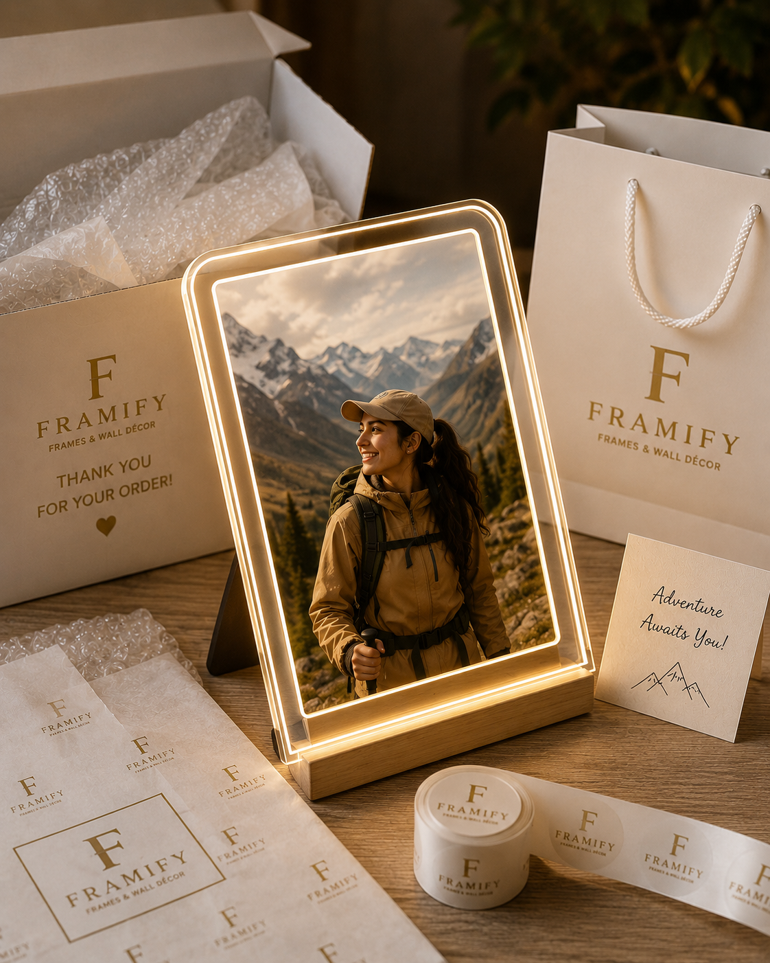 "Glowing LED photo frame featuring a female explorer with mountain scenery and premium packaging"