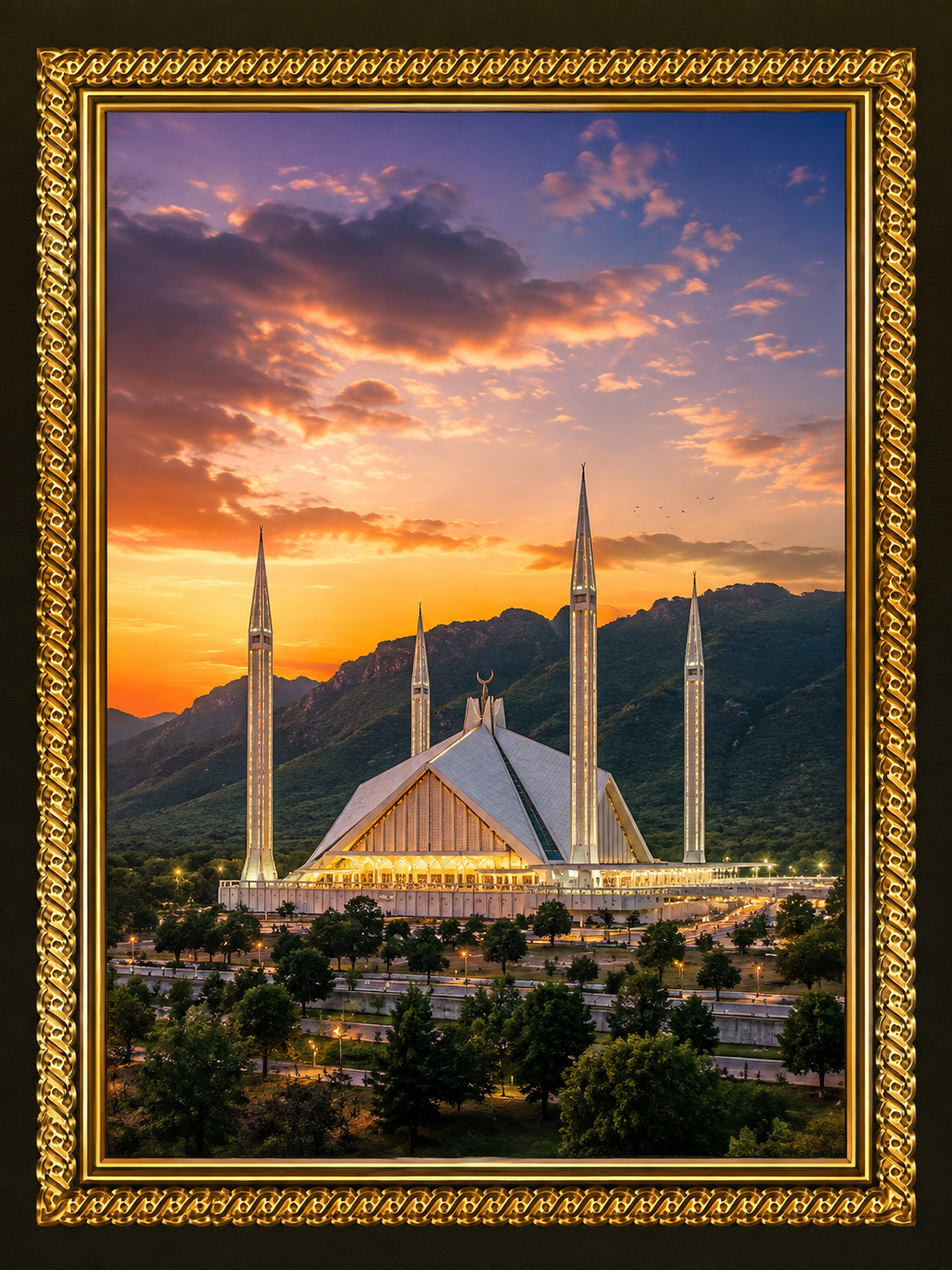 Luxury gold Islamic mosque wall frame with beautiful mountain sunset artwork