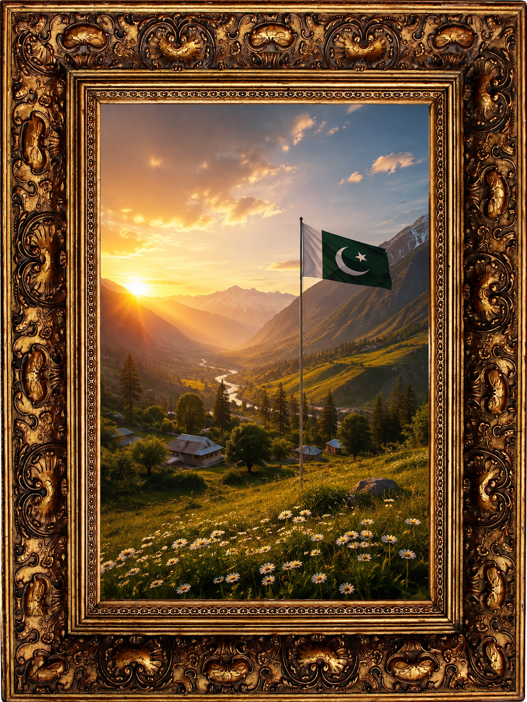 Luxury gold Islamic mosque wall frame with beautiful mountain sunset artwork