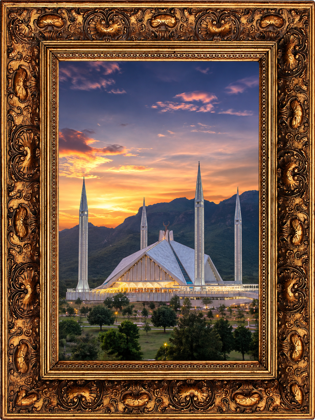 Luxury gold Islamic mosque wall frame with beautiful mountain sunset artwork